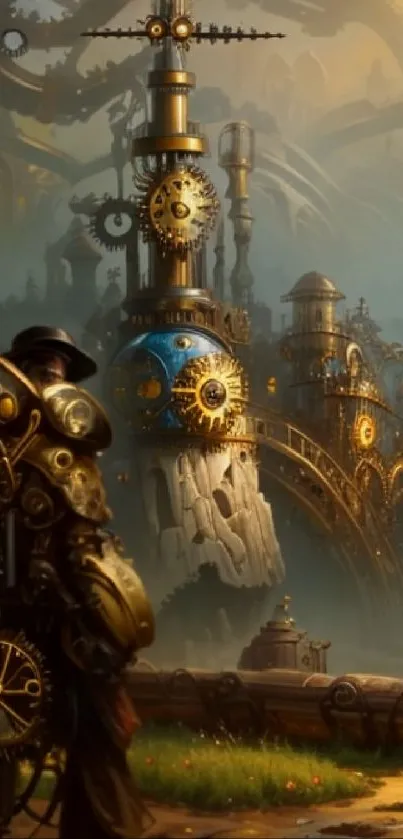 Futuristic steampunk world with gears and character.