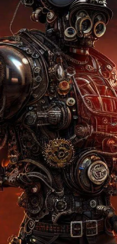 Futuristic steampunk android artwork with intricate mechanical details.