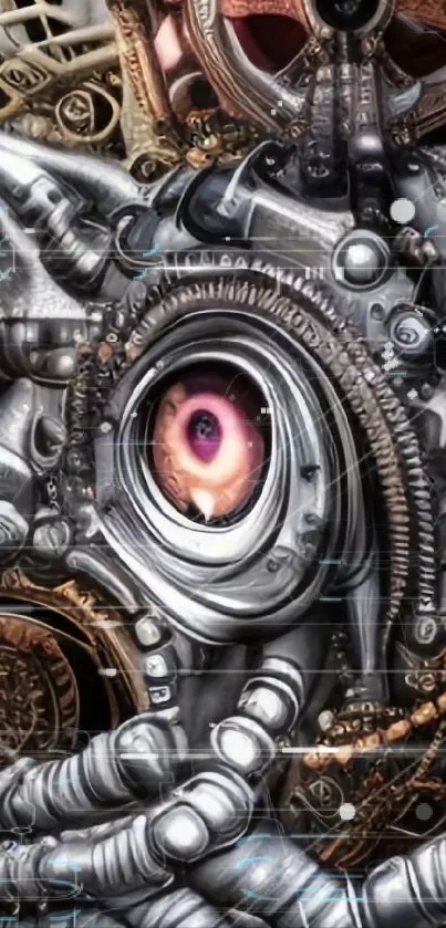 Futuristic steampunk metallic art with gears and an eye.