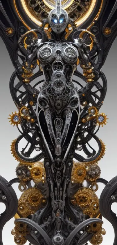 Futuristic steampunk art with intricate mechanical design in grayscale.