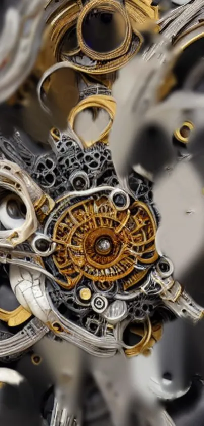 Intricate steampunk gears in metallic colors for mobile wallpaper.