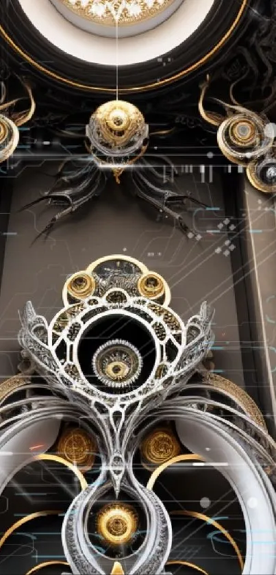 Intricate futuristic steampunk gear design mobile wallpaper.