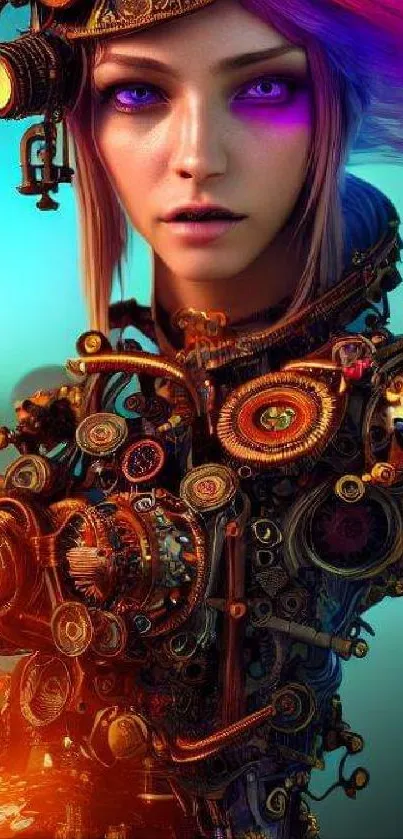 Futuristic steampunk art with cybernetic figure in vivid colors.