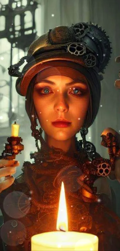 Steampunk woman with candlelit gears in a futuristic setting.