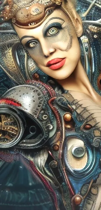 Futuristic steampunk art wallpaper featuring a cybernetic woman with vibrant details.