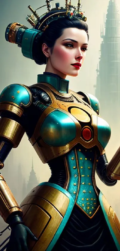 Futuristic steampunk woman in a cityscape with teal and gold robotic attire.