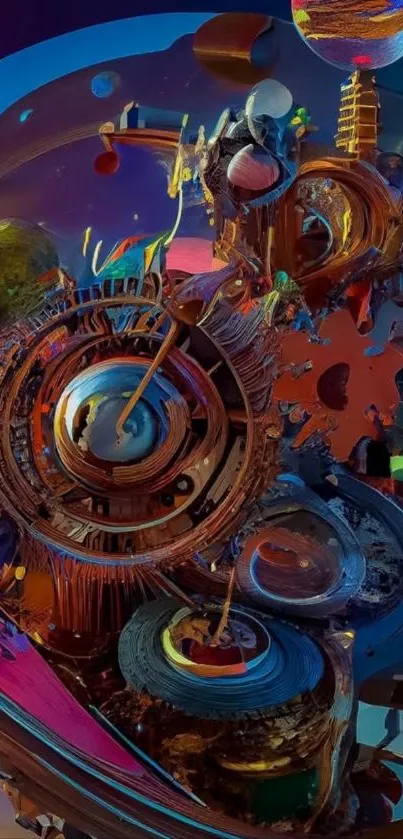 Futuristic steampunk art with gears and vibrant colors in a digital illustration.