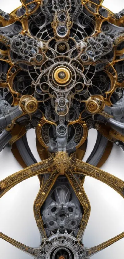 Intricate futuristic steampunk art with golden mechanical patterns.