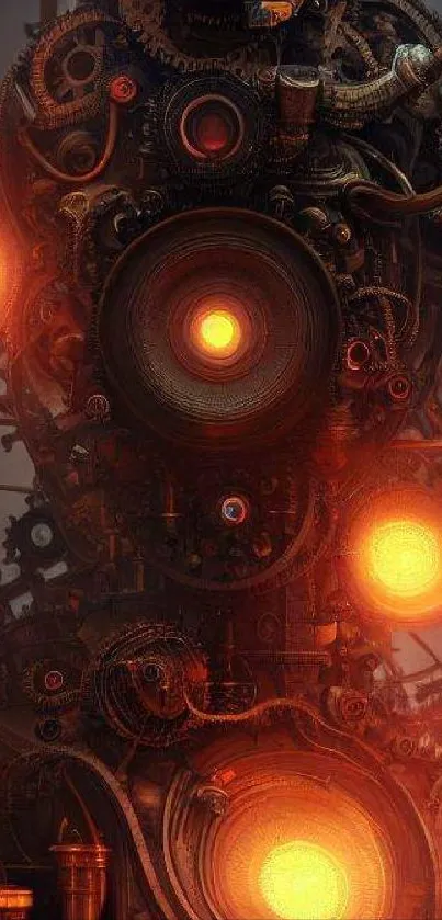 Futuristic steampunk art with glowing gears and intricate details in dark orange.