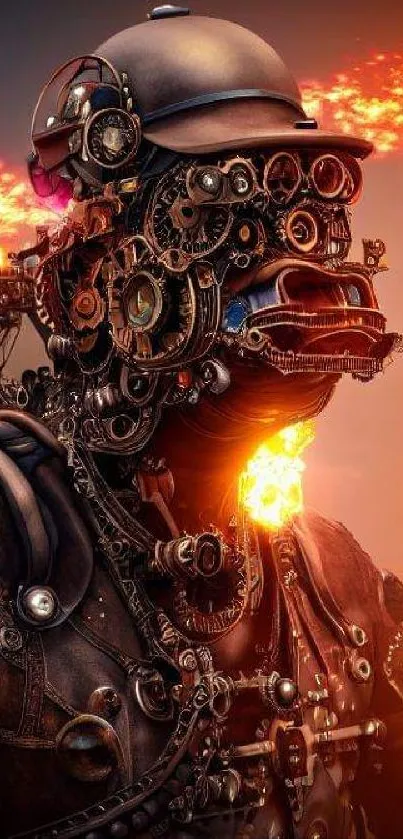 Steampunk robot with fiery elements as wallpaper.