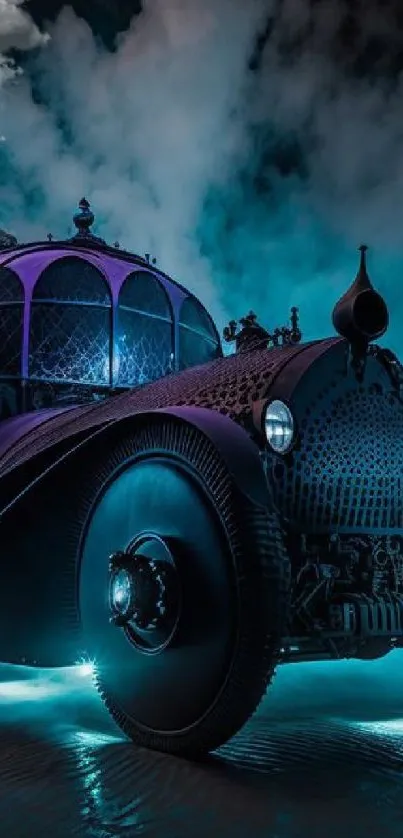 Futuristic steampunk car in blue mist with artistic design.