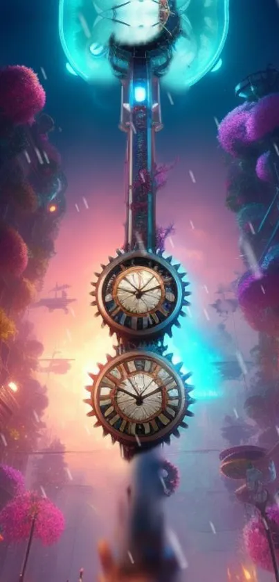 Futuristic steampunk cityscape with neon lights and gears in vibrant colors.