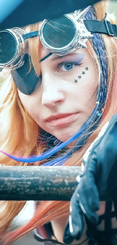 Futuristic steampunk cosplay scene featuring goggles and vibrant attire.