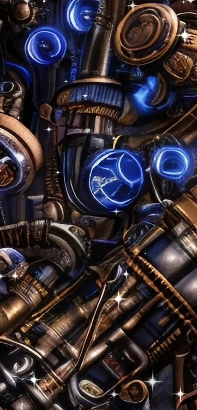 Futuristic steampunk wallpaper with gears and blue highlights.