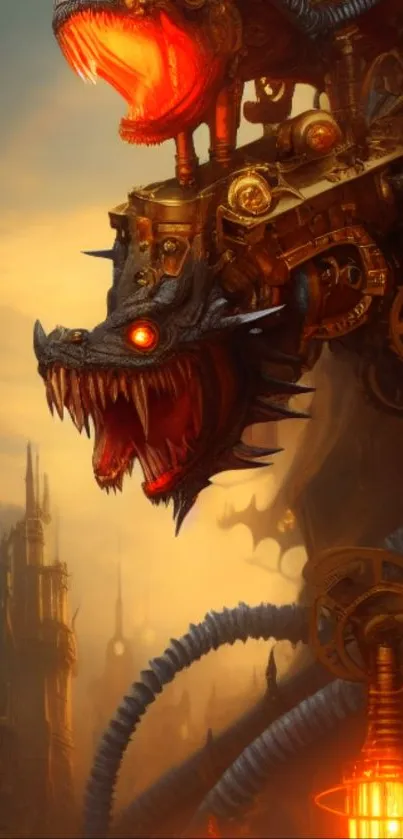 Futuristic steampunk dragon with gears and glowing eyes in fiery hues.