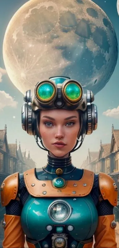 Futuristic steampunk character in a village with a large moon backdrop.