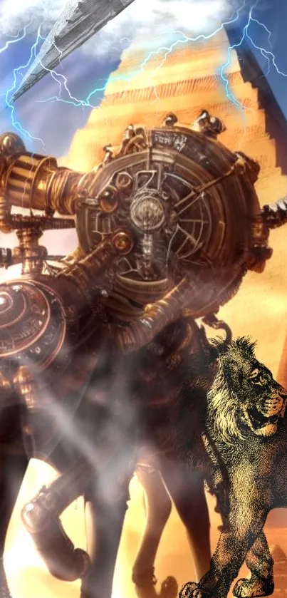 Steampunk cybernetic lion in pyramid backdrop with sci-fi elements.