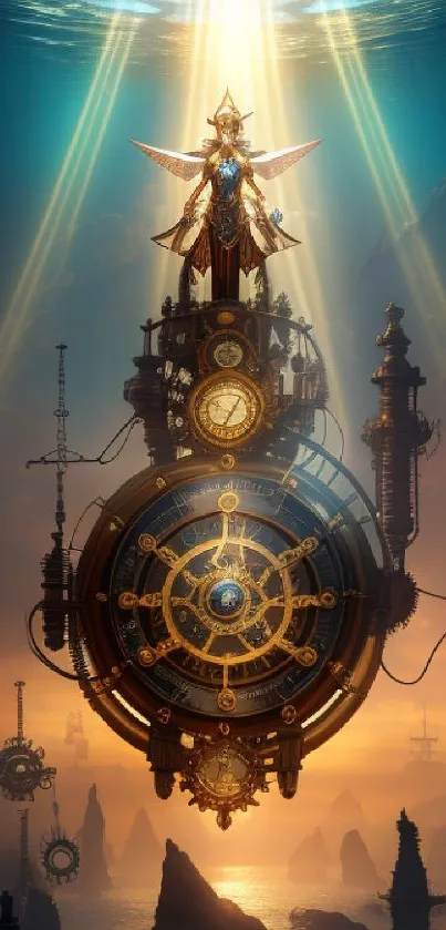 Futuristic steampunk wallpaper with amber glow and intricate mechanical design.