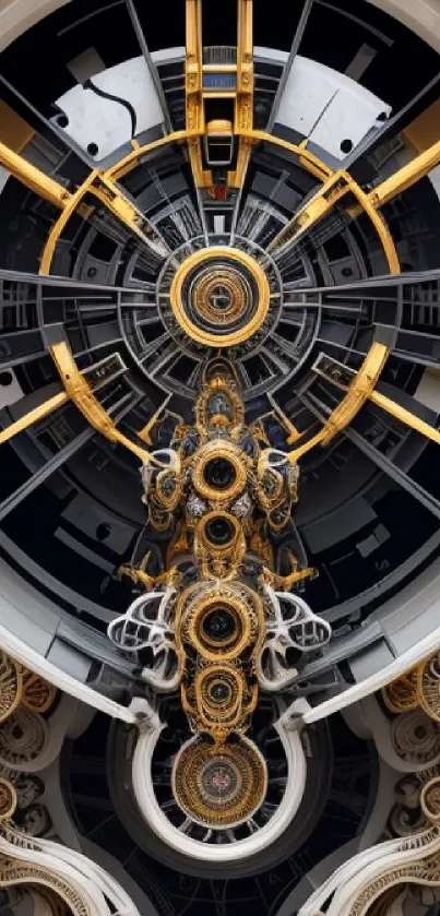 Futuristic, ornate gear design with golden accents on a dark background.