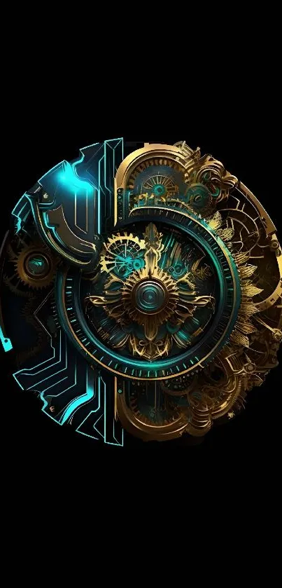 Futuristic steampunk gear design wallpaper in gold and blue hues.