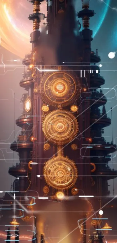 Futuristic steampunk tower wallpaper with gears against a cosmic backdrop.