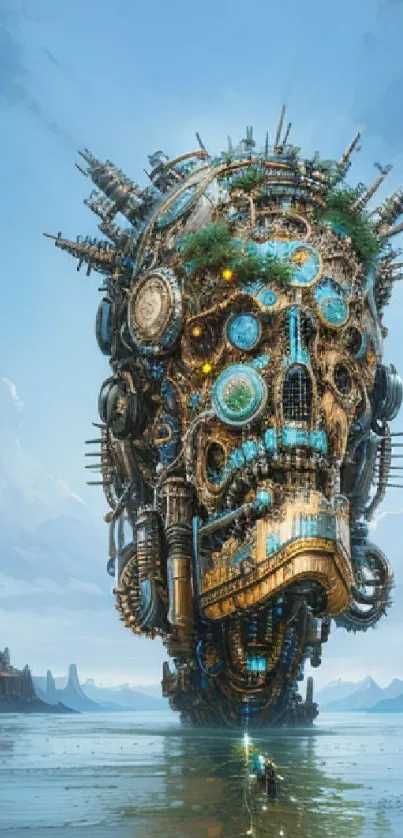 Futuristic steampunk head against a bright blue sky.