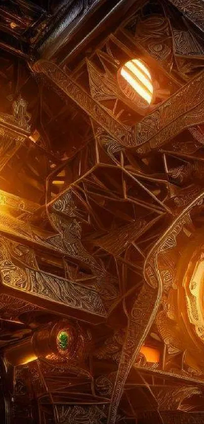 Futuristic steampunk wallpaper with glowing orange elements and intricate design.