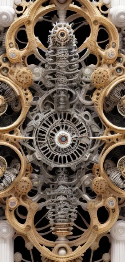 Futuristic wallpaper with steampunk gears and golden mechanical design.