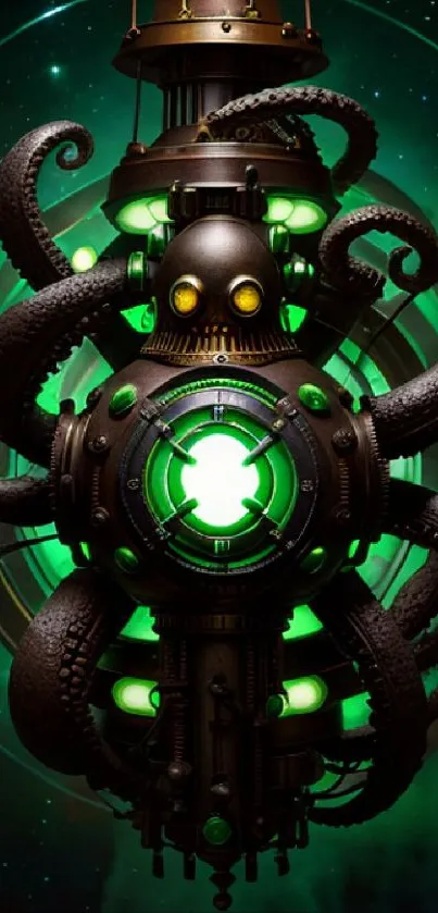 Futuristic steampunk octopus design with green glow.