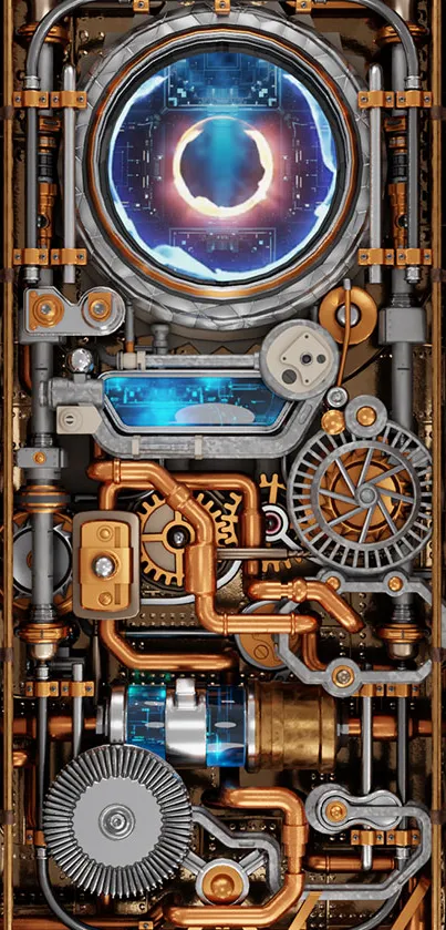 Futuristic steampunk mobile wallpaper with gears, copper, and blue glow.