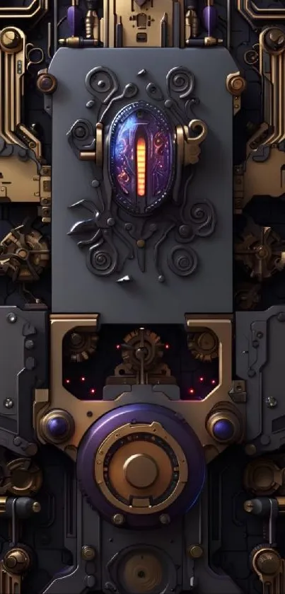 Futuristic steampunk wallpaper with intricate mechanical design and vibrant colors.