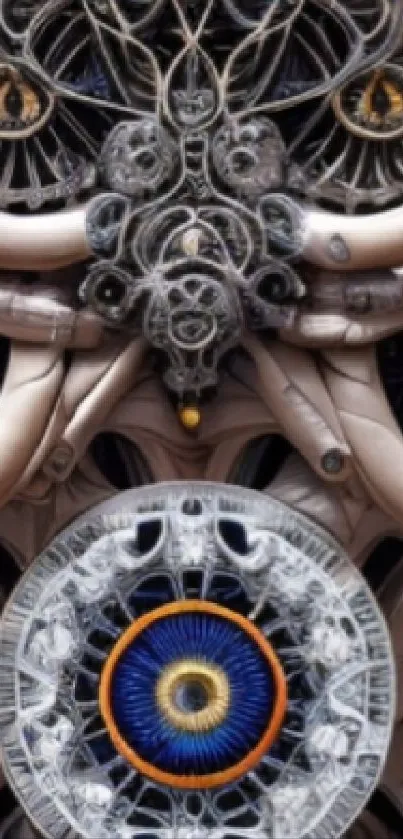 Intricate steampunk and futuristic design with glowing gears and circles.