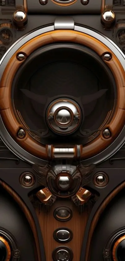 Futuristic steampunk-themed phone wallpaper with gears and wood accents.