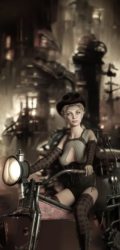 Steampunk-inspired illustration of a rider in a futuristic urban setting.