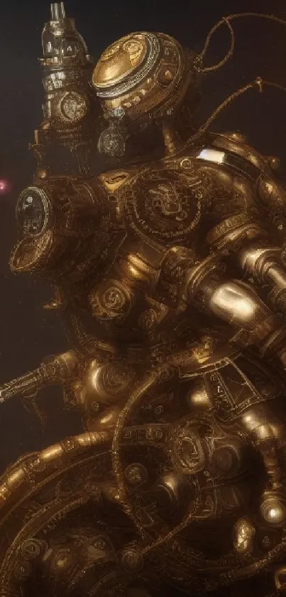 Intricate steampunk robot with cosmic background.