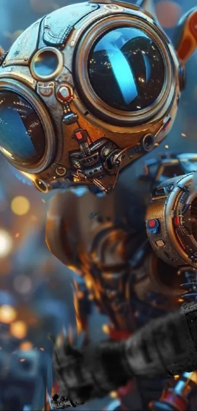 Futuristic steampunk robot wallpaper with intricate details and blue accents.