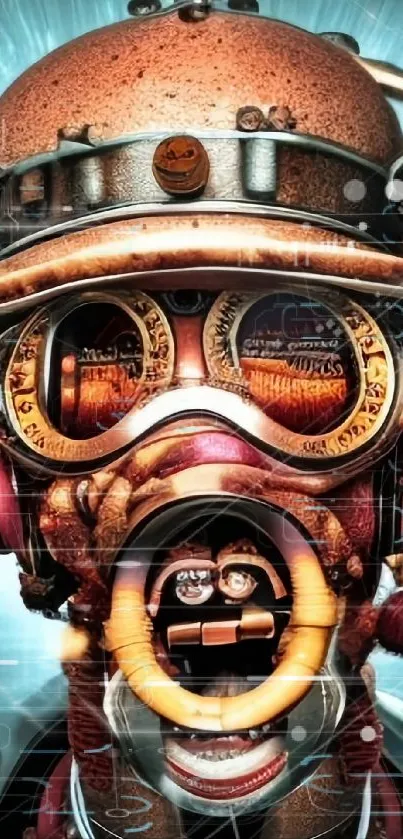 Steampunk robot wallpaper with copper details and futuristic design.