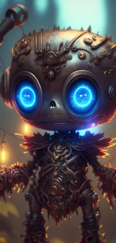 Futuristic steampunk robot with glowing blue eyes and intricate details.