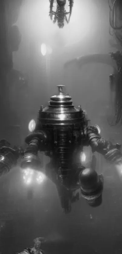 Monochrome wallpaper featuring a steampunk robot in an industrial setting.