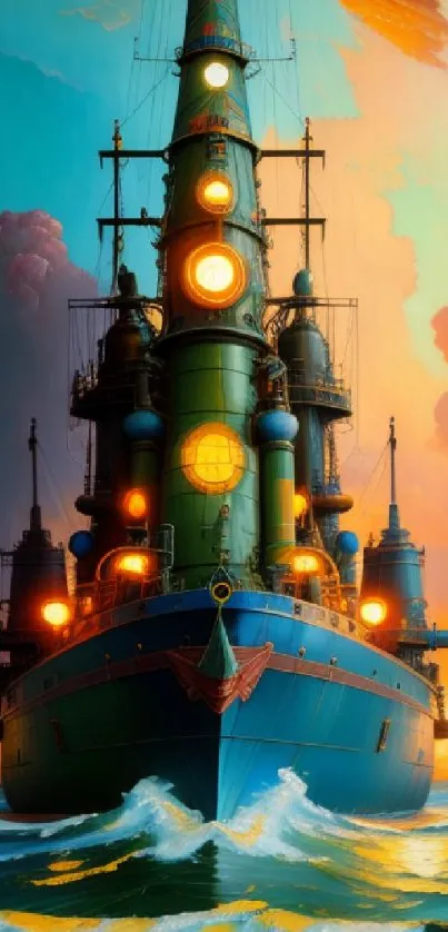 Futuristic steampunk ship sailing through a vibrant ocean with glowing lights.