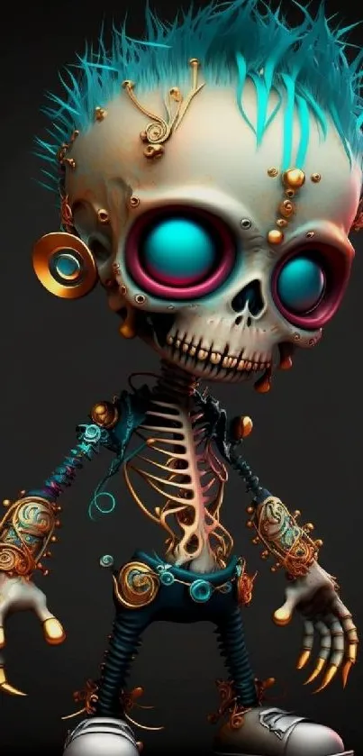 Futuristic steampunk skull art with vibrant neon colors.