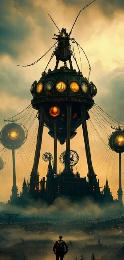 Steampunk tower set against a cloudy, atmospheric sky.