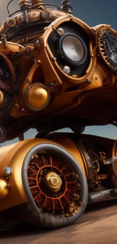 Steampunk vehicle with gears and wheels, futuristic design.