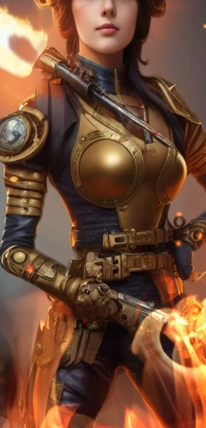 Steampunk warrior in futuristic armor with flames, perfect for mobile wallpaper.