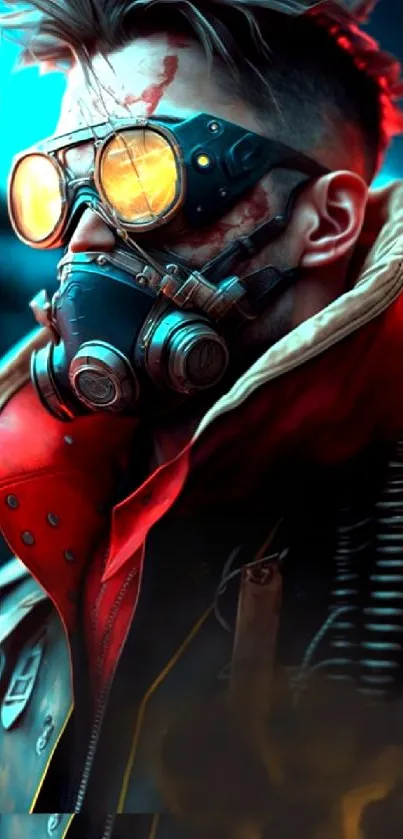 Futuristic warrior with steampunk goggles in vivid red tones.