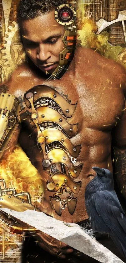Steampunk warrior with cybernetic arm and gear details.