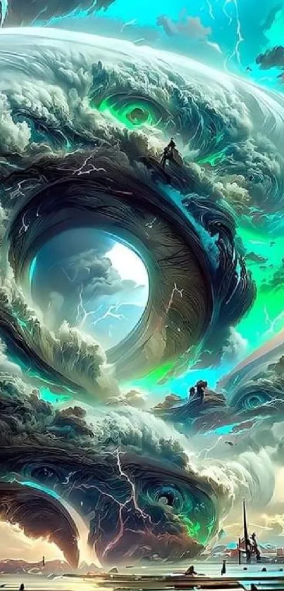 Futuristic storm art with swirling clouds and vibrant teal hues.