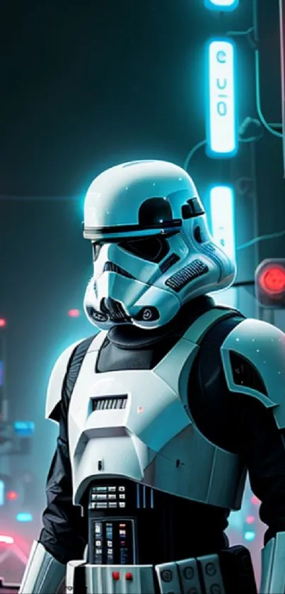 Futuristic stormtrooper in a neon-lit cityscape.