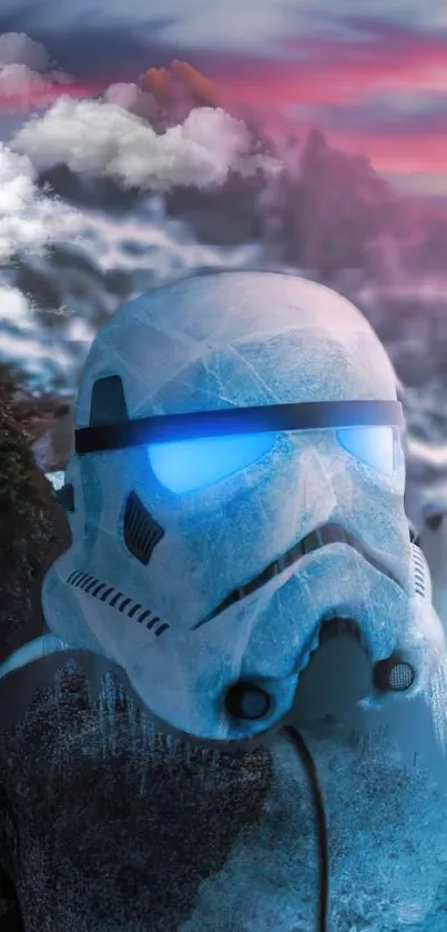 Futuristic stormtrooper helmet with glowing blue eyes in a snowy landscape.