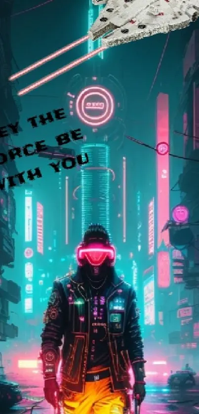Futuristic neon-lit cityscape with cyberpunk elements and a sci-fi spaceship.